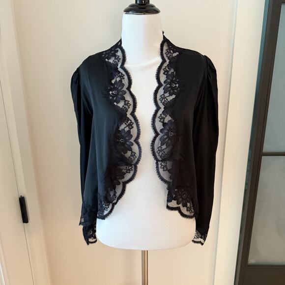 VTG Nightgown Bed Jacket Silk Peignoir Set 70s Bergdorf Goodman Black Lace S/M - Picture 7 of 16